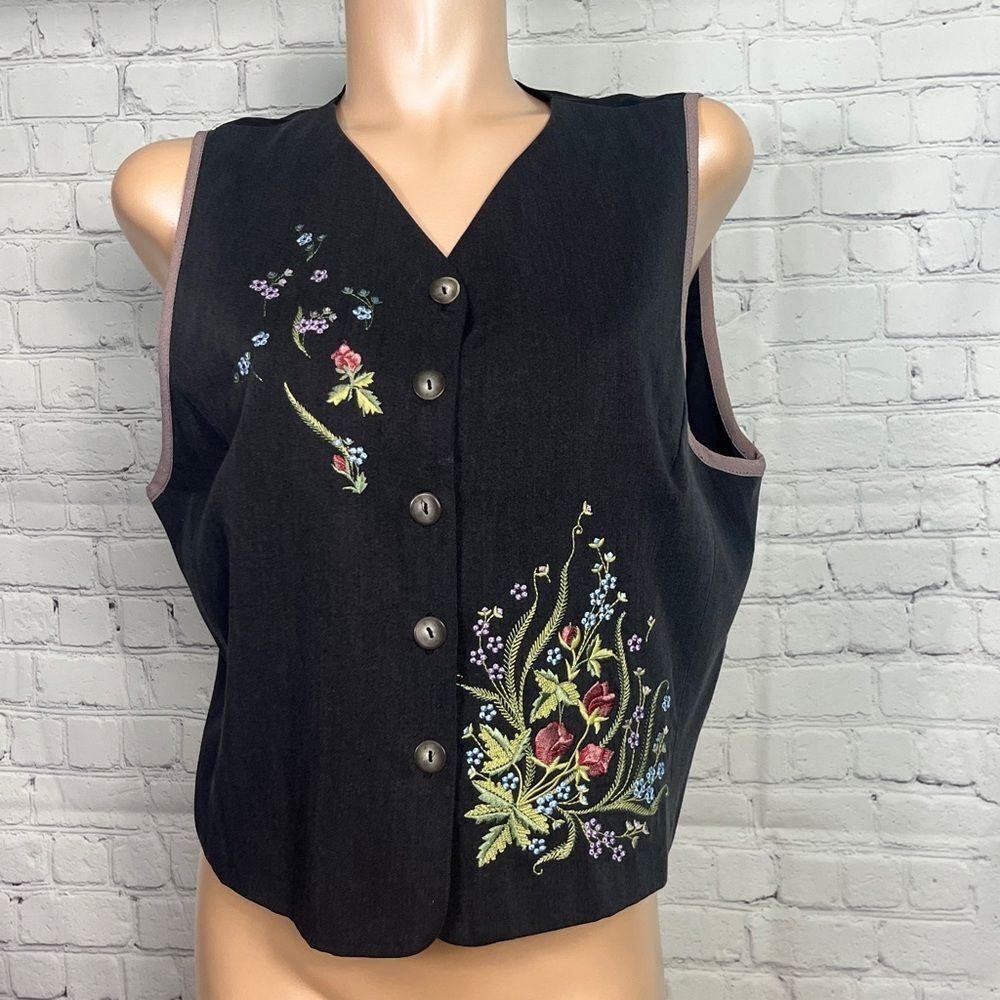 Vintage Carole Little embroidered retro 90’s charcoal gray floral Size 16